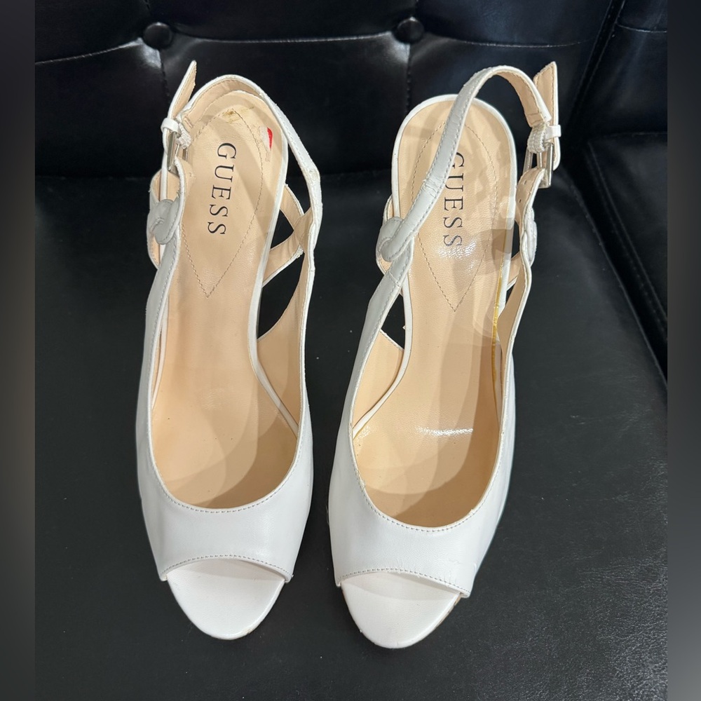 Guess platform, white & cork heels with sling back strap.  Size 8.